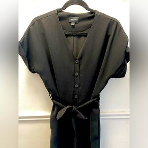Frank & Oak Black V-Neck Button Front Jumpsuit with Tie Waist